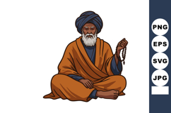 Elderly man meditating with prayer beads in orange robe and Product Image 1