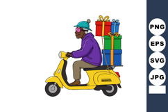 Man riding yellow scooter carrying colorful gift boxes in wi Product Image 1
