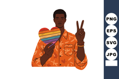 Man holding rainbow heart symbol with peace sign wearing ora Product Image 1