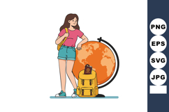 Young woman traveler with yellow backpack and globe explorin Product Image 1