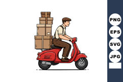 Delivery man riding red scooter with stacked cardboard boxes Product Image 1