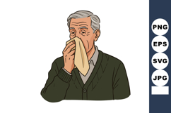 Elderly man blowing nose with handkerchief in cold or allerg Product Image 1