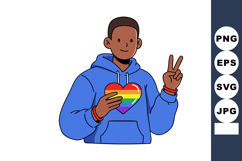 Young person holding rainbow heart symbol wearing blue hoodi Product Image 1