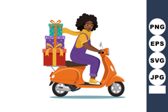 Woman riding orange scooter carrying colorful gift boxes in Product Image 1