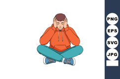 Young man sitting cross-legged wearing orange hoodie and blu Product Image 1
