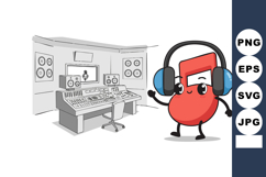 Cartoon Red Musical Note Wearing Headphones in Sound Recordi Product Image 1