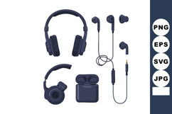 Dark blue headphones and earphones vector set with charging Product Image 1