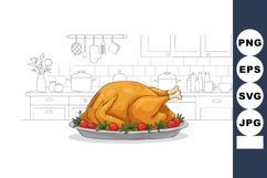 Roasted turkey on plate with tomatoes and herbs in kitchen v Product Image 1