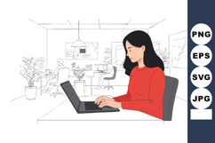 Woman Working on Laptop in Modern Office Interior with Plant Product Image 1