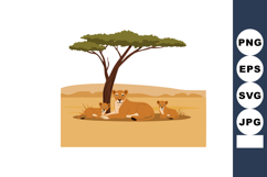 Lioness with two cubs resting under acacia tree in savanna l Product Image 1