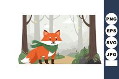 Fox wearing green scarf in foggy forest autumn landscape vec Product Image 1