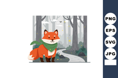 Red fox in forest with green scarf walking on path vector il Product Image 1