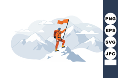 Mountain climber reaching summit with flag in snowy landscap Product Image 1