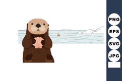 Sea otter holding shell near ocean water and iceberg landsca Product Image 1