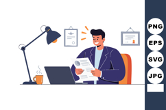 Businessman Reading Document in Office with Laptop and Lamp Product Image 1