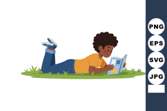 Boy Lying on Grass Reading Book Relaxed Outdoor Activity Ill Product Image 1