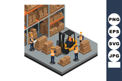 Warehouse workers operating forklift and handling cardboard Product Image 1