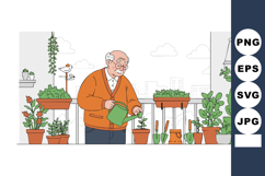 Elderly man watering plants in home garden with green foliag Product Image 1