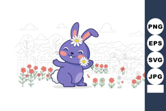 Cute purple bunny with flowers in spring garden vector illus Product Image 1