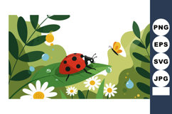 Ladybug on Green Leaf with Yellow Butterfly and White Daisie Product Image 1