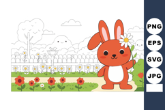 Cute brown bunny holding daisy flower in garden with red flo Product Image 1
