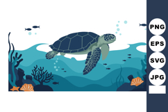 Sea Turtle Swimming Underwater Among Coral Reef and Small Fi Product Image 1