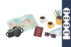 Travel essentials with camera map passport sunglasses coffee Product Image 1