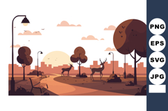 Urban park landscape with deer and sunset city skyline in wa Product Image 1