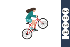 Woman riding red bicycle performing wheelie cycling activity Product Image 1
