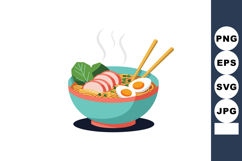 Steaming bowl of ramen with eggs, sliced pork, and chopstick Product Image 1