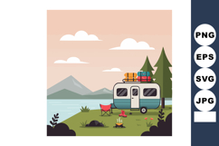 Camping trailer with luggage by lake and pine trees outdoor Product Image 1