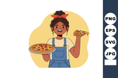 Girl holding pepperoni pizza slice and whole pizza cheerful Product Image 1