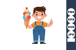 Boy holding colorful ice cream cone showing thumbs up cheerf Product Image 1