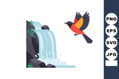 Colorful bird flying near waterfall with rocks and green pla Product Image 1