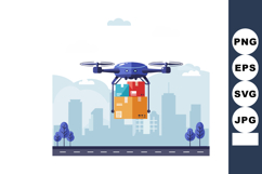 Delivery drone carrying colorful packages over cityscape in Product Image 1