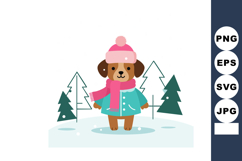 Cute dog wearing winter coat and pink hat with scarf in snow Product Image 1