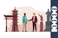 Diverse Businessmen Handshake Near Asian Statues and Pagoda Product Image 1