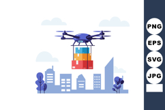 Drone delivering cargo over city buildings in urban aerial d Product Image 1