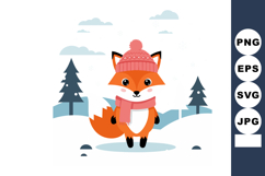 Fox Wearing Pink Hat and Scarf in Snowy Winter Landscape Vec Product Image 1