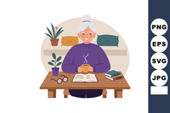 Elderly woman reading book and drinking warm tea at home coz Product Image 1