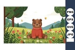 Bear in red sweater sitting in flower field with butterflies Product Image 1