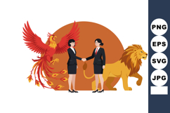 Businesswomen handshake with mythical phoenix and lion anima Product Image 1