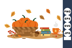 Basket of pumpkins with autumn leaves books and hot drink co Product Image 1