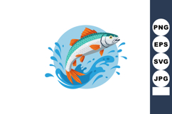 Jumping fish with orange fins and splashing water on blue ba Product Image 1