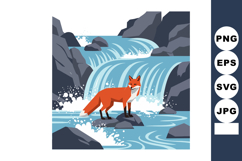 Fox standing on rock near flowing waterfall with blue water Product Image 1