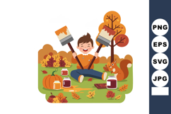 Boy painting autumn leaves with squirrel pumpkin and paint j Product Image 1