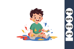 Happy toddler boy playing with colorful paint splashes and b Product Image 1