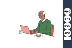 Elderly man using laptop with sandwich and glass of water on Product Image 1