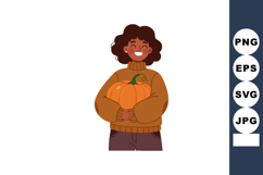 Happy woman holding large orange pumpkin in cozy sweater aut Product Image 1