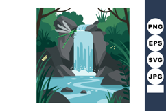 Dragonfly near waterfall in lush green forest with rocks and Product Image 1